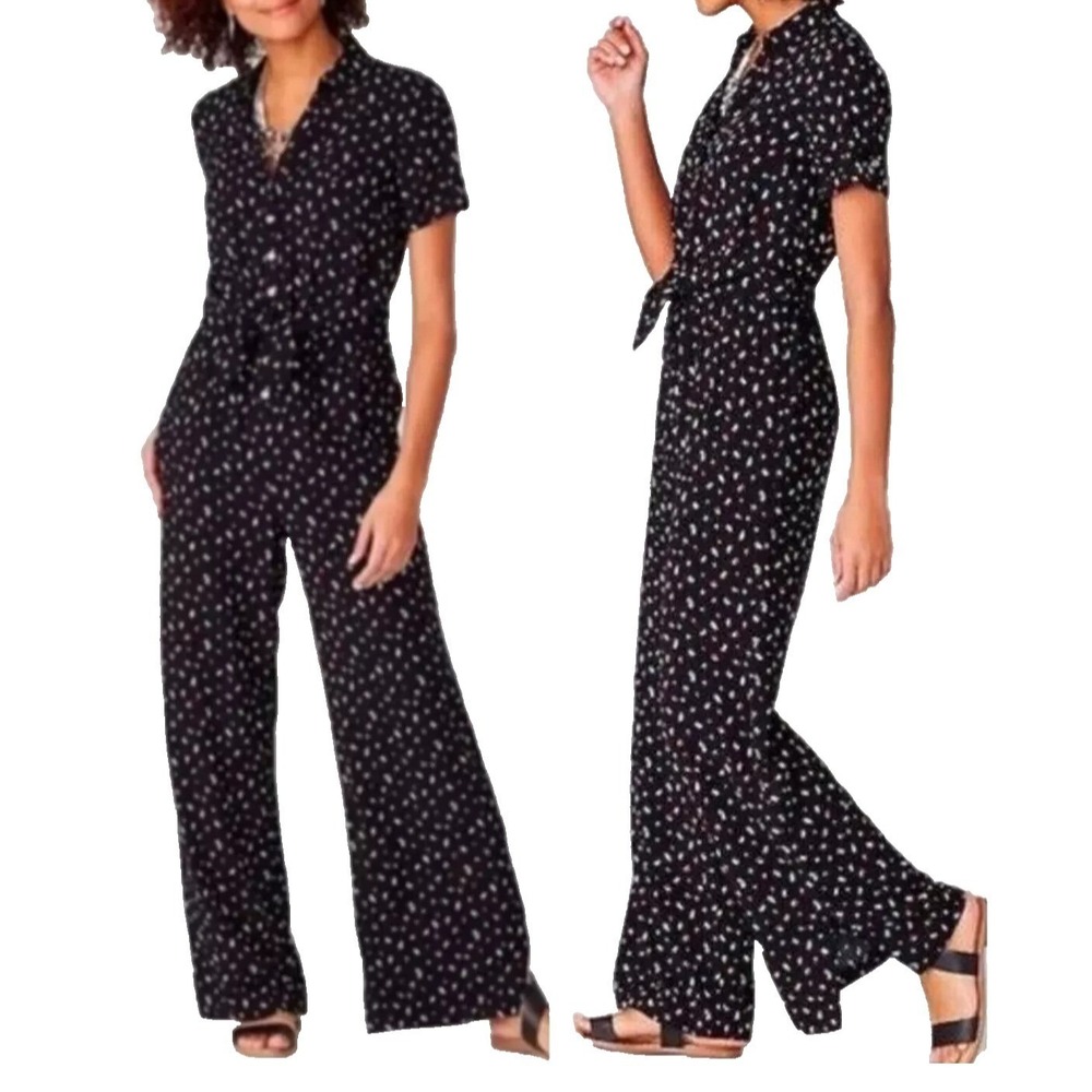 J Jill Black Floral Jumpsuit Large Wide Leg Button Front Boho Relaxed Rayon